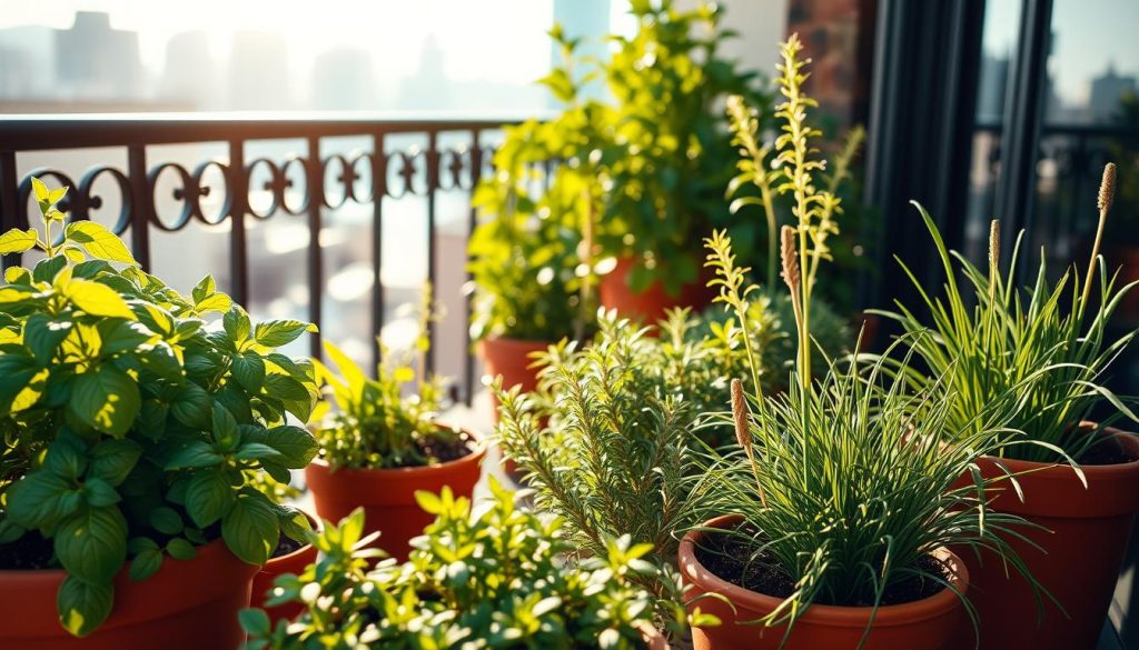 A balcony herb garden with lush, verdant plants thriving in terracotta pots. Bright sunlight streams in through the glass railing, casting warm, golden hues across the assortment of aromatic herbs - fragrant basil, trailing rosemary, and vibrant chives. The foreground features a mix of potted plants in varying sizes, textures, and shades of green, creating a visually striking, well-curated display. In the middle ground, the balcony's elegant metal railing and cityscape backdrop provide a sense of place, while the soft, blurred edges of the composition draw the eye inward. The overall mood is one of serene tranquility, inviting the viewer to imagine the calming presence of this bountiful urban oasis.