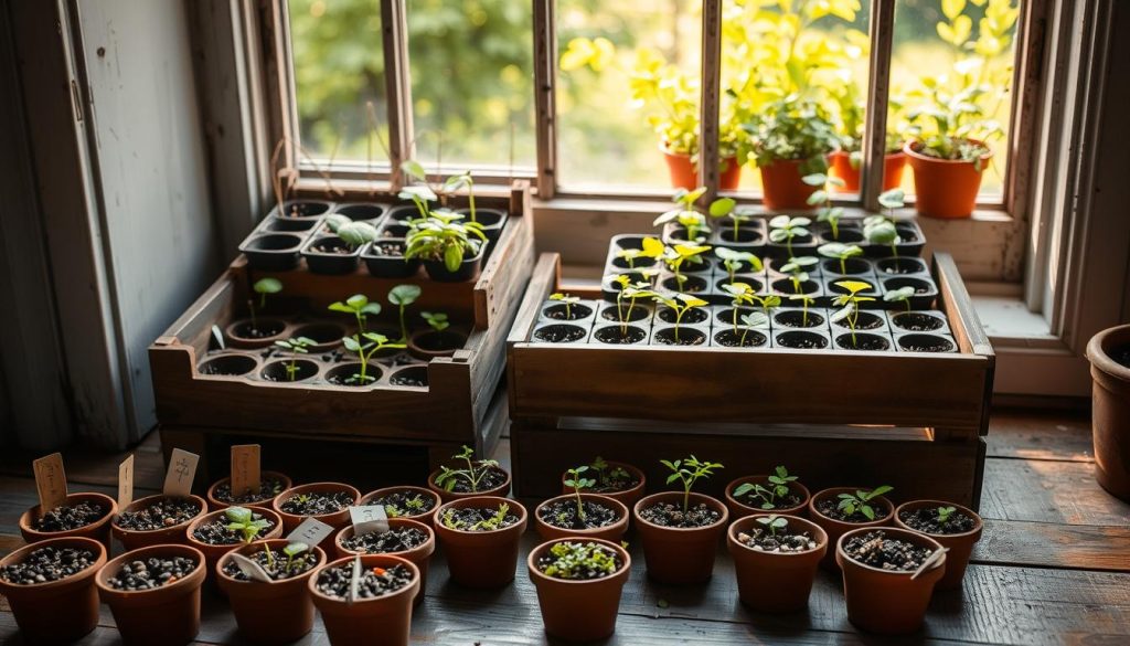 A beautifully lit still life scene depicting seasonal container gardening seed starters. In the foreground, various types of seeds arranged in small terracotta pots, their labels visible. The middle ground shows a wooden crate filled with seedling trays, each containing young plants in different stages of growth. In the background, a weathered window sill overlooking a lush, green outdoor garden, bathed in warm, natural light. The overall atmosphere is one of anticipation and renewal, capturing the essence of planning for a bountiful container garden season.