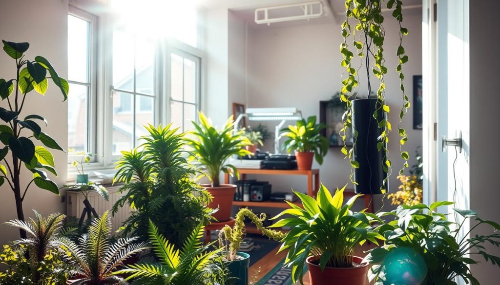 A bright, airy apartment interior with a lush, thriving indoor garden. Sunlight streams through large windows, illuminating the vibrant foliage and casting warm shadows across the space. In the foreground, a variety of potted plants - lush ferns, succulents, and trailing vines - are strategically placed to maximize natural light exposure. The middle ground features a small wooden table or shelving unit displaying a selection of grow lights and other gardening tools, conveying the technical aspects of indoor cultivation. In the background, the room's architecture is visible, with clean lines and minimalist decor complementing the natural elements. The overall scene evokes a sense of tranquility, inviting the viewer to imagine the joys of growing a thriving indoor garden in their own living space.