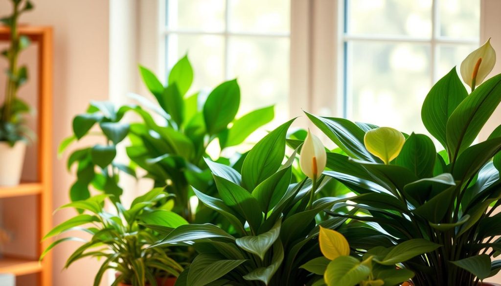 A bright, natural light-filled indoor space with lush, thriving houseplants in the foreground. Various species of beginner-friendly plants such as pothos, ZZ plant, snake plant, and peace lily arranged in a visually appealing composition. The plants are well-cared for, with vibrant, healthy foliage. The background is softly blurred, allowing the plants to be the focal point. The lighting is warm and inviting, creating a serene, calming atmosphere. The overall scene conveys a sense of tranquility and the joy of nurturing indoor greenery, perfect for a beginner gardener.