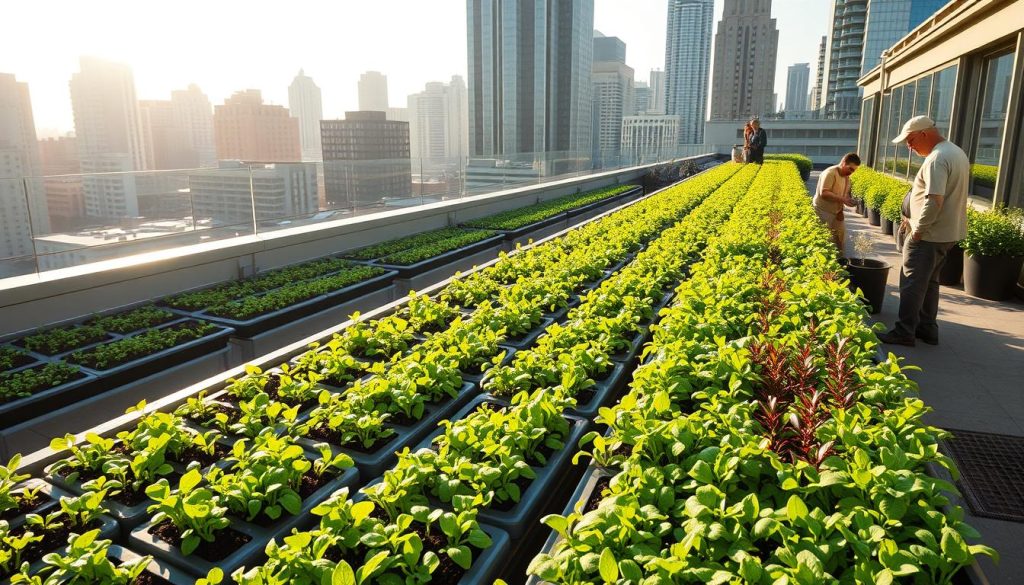 A bustling urban rooftop garden, lush with vibrant microgreens thriving under the warm glow of natural sunlight. Rows of raised planter beds filled with deep green shoots and colorful foliage, meticulously tended by a diligent urban farmer. In the background, a cityscape of modern high-rises frames the scene, highlighting the sustainable integration of nature and technology. The atmosphere is one of tranquility and purpose, capturing the essence of microgreen cultivation as a vital component of a self-sufficient, eco-conscious urban landscape.