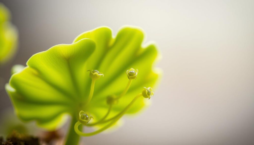 A close-up shot of a butterwort plant's propagation methods, showcased against a soft, blurred background. The image features the plant's distinctive rosette of vibrant green leaves, each containing glands that trap insects. In the foreground, several small plantlets emerge from the base of the leaves, their delicate tendrils intertwined, highlighting the plant's natural self-propagation capabilities. The lighting is soft and diffused, creating a serene, almost ethereal atmosphere, emphasizing the captivating nature of this carnivorous species. The composition draws the viewer's attention to the intricate details of the propagation process, revealing the fascinating adaptations that allow butterworts to thrive.