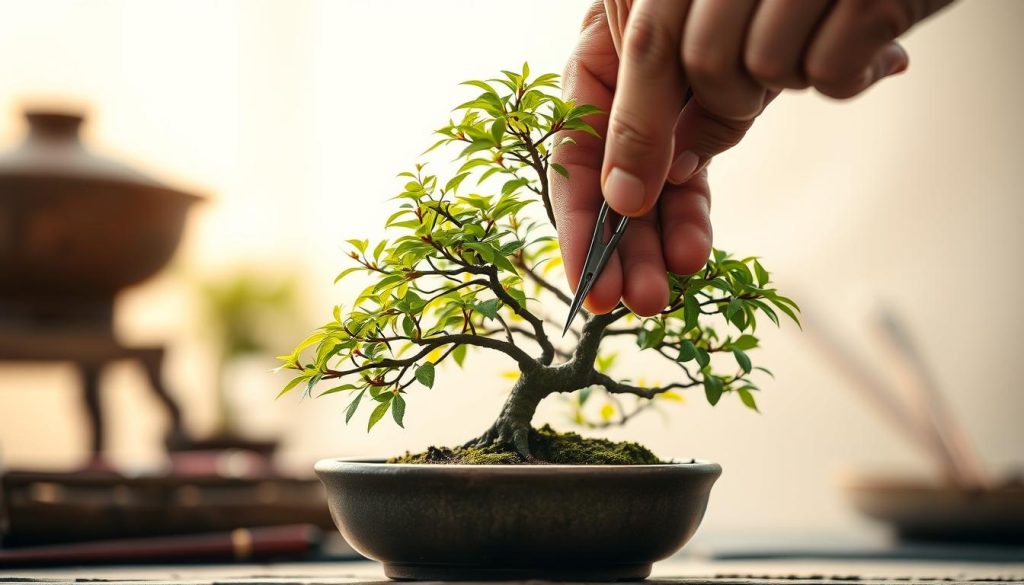 A close-up view of a bonsai artist's hands delicately trimming the branches of a miniature Japanese maple bonsai tree. The foreground features the skilled fingers precisely snipping away extraneous growth, revealing the elegant branch structure. The middle ground showcases the lush, verdant foliage of the bonsai nestled in a shallow ceramic pot. The background is softly blurred, allowing the viewer to focus on the intricate pruning techniques. The lighting is warm and natural, casting a gentle glow on the scene. The composition is balanced and centered, highlighting the careful artistry of bonsai cultivation.