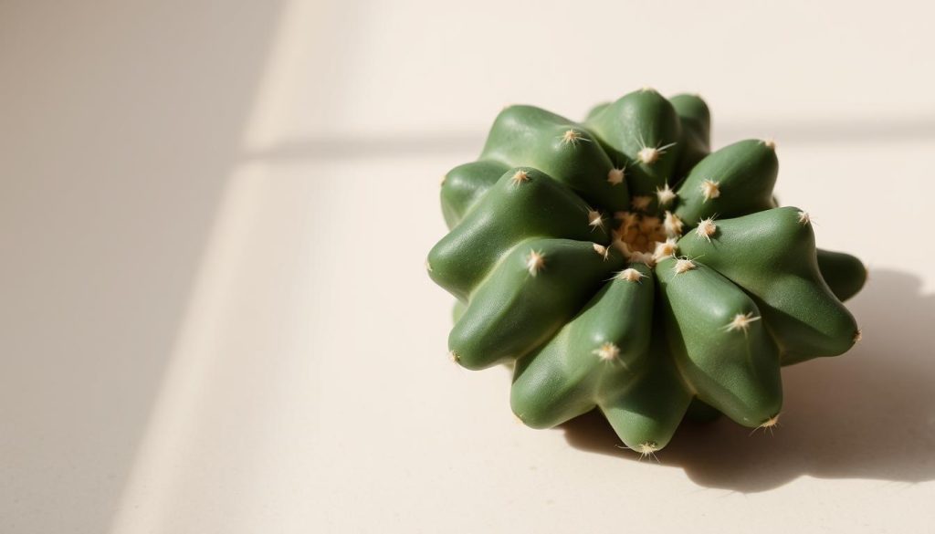A close-up view of a cactus stem cutting, showcasing the distinctive thick, fleshy texture and green hue of the succulent. The cutting is situated on a neutral, light-colored surface, highlighting its organic form. Soft, natural lighting from the side creates gentle shadows, accentuating the plant's contours and the intricate patterns of its areoles. The composition is balanced, allowing the cutting to be the central focus, conveying a sense of simplicity and attention to detail. The overall mood is one of botanical study and appreciation for the unique propagation properties of this resilient desert plant.