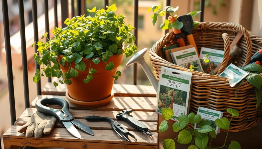 A cozy balcony, bathed in warm afternoon sunlight, showcases an array of gardening tools and supplies. In the foreground, a pair of well-worn gardening gloves, pruning shears, and a small trowel are neatly arranged on a weathered wooden crate. In the middle ground, a terracotta pot overflows with lush, verdant foliage, hinting at the verdant urban oasis that could be cultivated with these resources. In the background, a wicker basket overflows with packets of heirloom seeds, a watering can, and a small, hand-held cultivator, beckoning the viewer to embrace the joys of balcony gardening. The scene exudes a sense of tranquility and the promise of bountiful harvests to come.