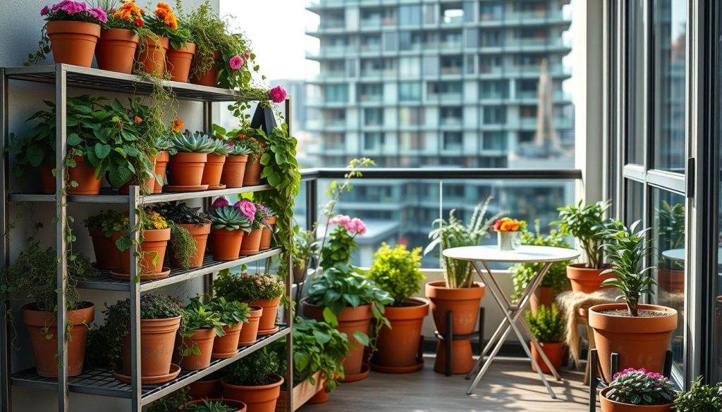 A cozy urban balcony garden, filled with lush potted plants and vibrant flowers. A chic, minimalist metal shelving unit stands in the foreground, adorned with an assortment of terracotta pots brimming with cascading vines, blooming succulents, and fragrant herbs. In the middle ground, a quaint bistro table and chairs invite you to relax and admire the verdant oasis. The background features a contemporary glass railing, offering a glimpse of the city skyline beyond. Soft, natural lighting filters through the space, creating a serene and inviting atmosphere for this urban container garden.