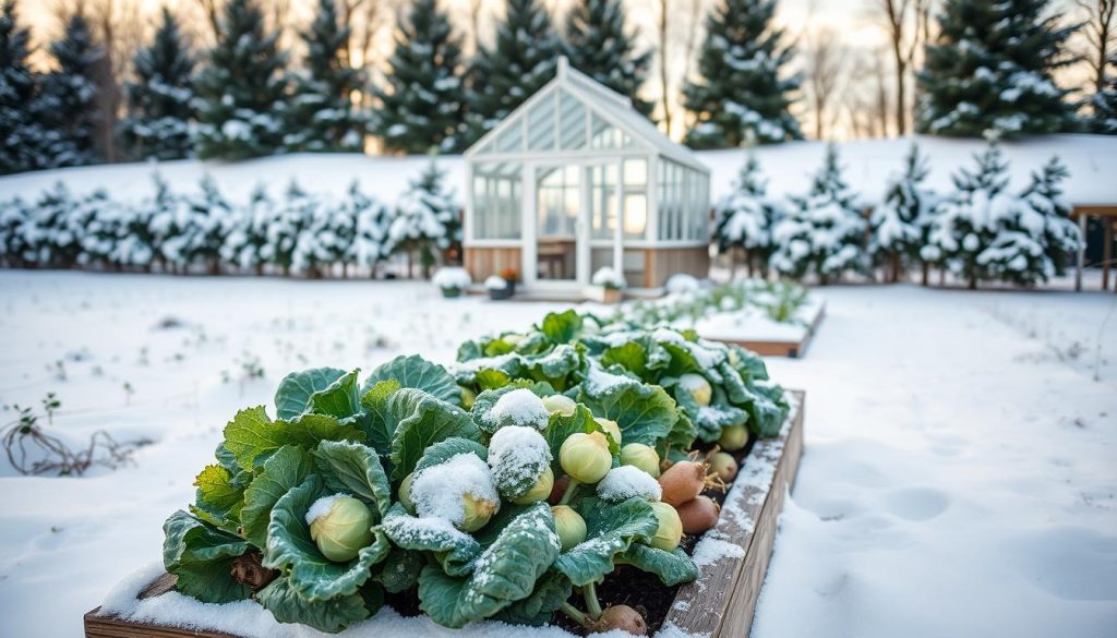 A cozy winter vegetable garden nestled in a snowy landscape. In the foreground, a raised bed overflows with lush kale, Brussels sprouts, and root vegetables, their vibrant colors contrasting against the crisp white snow. In the middle ground, a quaint greenhouse stands, its glass panes reflecting the warm glow of the low winter sun. Beyond, a row of evergreen trees frames the scene, their branches heavy with snow, hinting at the peaceful solitude of the winter months. The overall atmosphere is one of tranquility and productivity, inviting the viewer to envision the bountiful harvest to come.