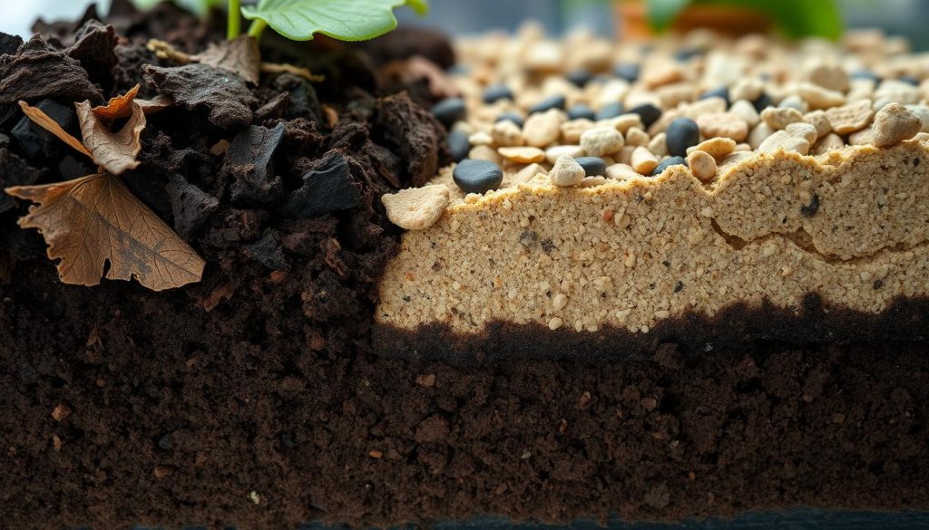 A cross-section of a well-structured terrarium soil, showcasing its distinct layers. In the foreground, a rich, dark humus layer teeming with decomposing organic matter. In the middle, a light sandy loam soil with visible pebbles and bits of charcoal for drainage. The background reveals a layer of coarse gravel, ensuring optimal water flow and aeration. Soft, natural lighting illuminates the scene, emphasizing the earthy tones and textures of the different soil components. The overall composition conveys a sense of balance, stability, and the perfect foundation for a thriving terrarium ecosystem.