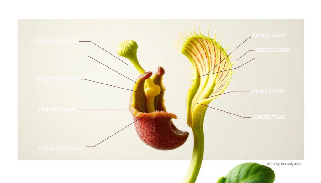 A detailed, anatomical illustration of a Venus flytrap, showcasing its intricate structure. The plant is displayed in a neutral-toned, scientific backdrop, with a focus on the key components: the cup-shaped leaves, the sensitive trigger hairs, the hinged trap, and the central stalk. The image is captured with a macro lens, providing a close-up, high-resolution view that highlights the plant's captivating mechanics and adaptations. Soft, directional lighting casts gentle shadows, accentuating the textures and contours of the Venus flytrap's unique anatomy, as if observed under a botanist's microscope.