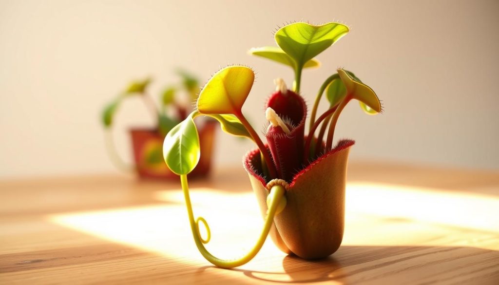 A detailed, close-up Venus flytrap plant sitting on a wooden table, bathed in soft, warm lighting. The plant's vibrant green leaves and intricate trap mechanisms are the focal point, showcasing its unique carnivorous nature. In the background, a clean, minimalist studio setting with a plain white or light gray backdrop, creating a natural, informative composition suitable for a care guide. The lighting emphasizes the plant's textures and highlights the delicate inner workings of the trap, inviting the viewer to study and appreciate this captivating natural wonder.