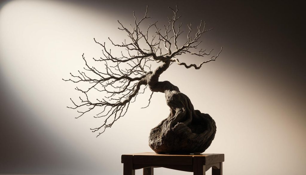 A dramatic, high-contrast close-up of a carefully pruned and wired bonsai tree, its intricate branch structure and textured bark illuminated by soft, directional lighting. The tree is positioned on a simple wooden stand, with a clean, minimalist background that allows the subject to be the focal point. The image captures the delicate, patient artistry of bonsai styling, showcasing the transformative techniques used to shape and maintain the tree's unique form.