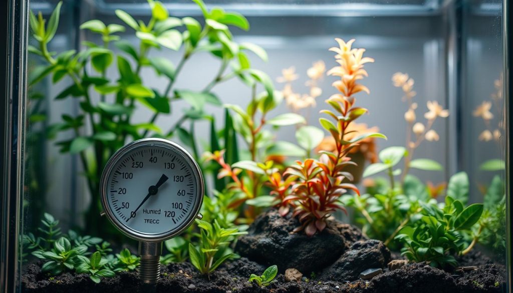 A finely crafted terrarium filled with lush greenery and delicate plants, illuminated by soft, diffused lighting. In the foreground, a humidity gauge stands prominently, its dial indicating the precise moisture levels within the enclosed environment. The middle ground showcases a variety of thriving, meticulously curated plant species, each adapted to the optimal humidity range. The background features a beautifully rendered glass enclosure, offering a clear view into the delicate ecosystem. The overall scene conveys a sense of tranquility and balance, perfectly capturing the essence of maintaining the ideal humidity levels for a thriving terrarium.