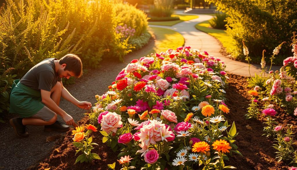 A flower bed in a lush, vibrant garden, illuminated by warm, golden afternoon sunlight filtering through the foliage. In the foreground, a gardener kneels, gently tending to the soil, pulling weeds and loosening the earth around the thriving flowers. Colorful blooms of various species - roses, lilies, daisies - create a stunning, harmonious tapestry in the middle ground. In the background, a well-maintained path winds through the garden, inviting the viewer to explore further. The overall scene conveys a sense of tranquility, order, and the rewarding nature of gardening.