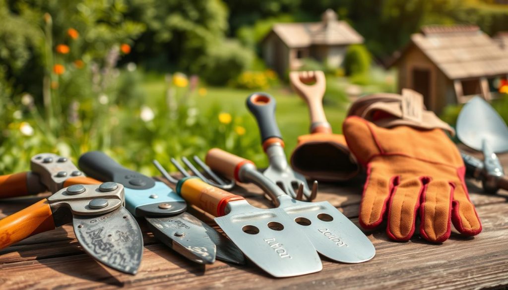 A high-quality, durable gardening tools maintenance guide, featuring an array of essential tools arranged on a rustic wooden surface. The foreground showcases a well-worn pruning shear, a sturdy trowel, and a trusty garden fork, all glistening under natural lighting. The middle ground features a selection of other tools, including a hand cultivator, a hoe, and a pair of heavy-duty gloves, arranged in a visually appealing manner. The background depicts a lush, verdant garden scene, with a hint of a picturesque shed or greenhouse in the distance, creating a serene and inviting atmosphere. The overall composition conveys a sense of practicality, durability, and a passion for gardening.