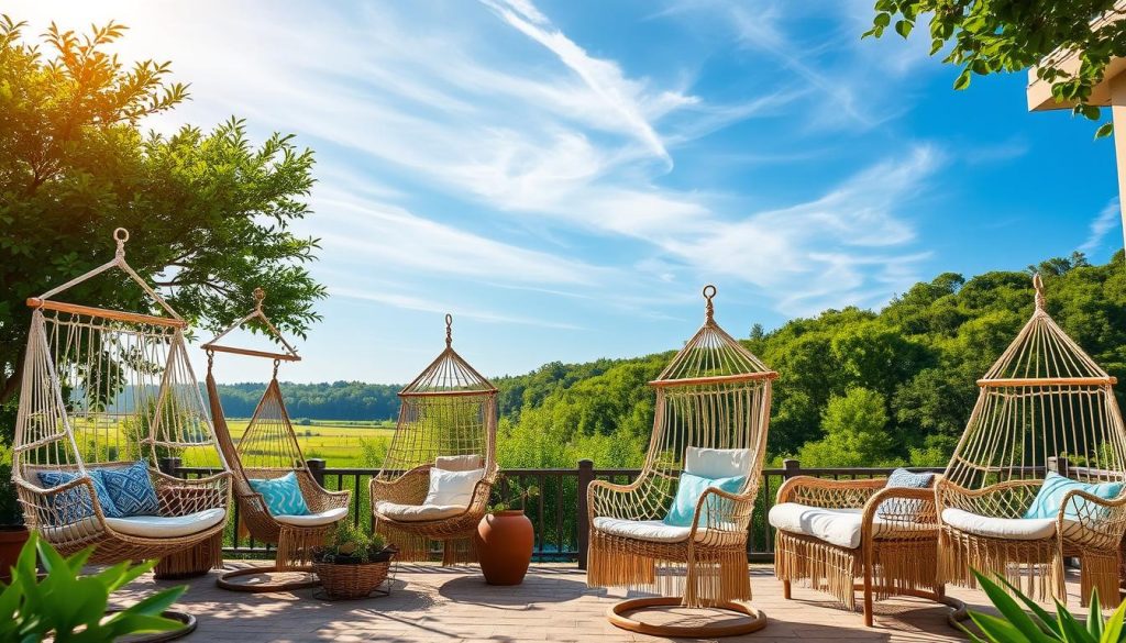 A high-quality outdoor patio scene with a focal point on a collection of popular hammock chair brands. The foreground features a variety of hammock chairs in different styles, colors, and materials, including rattan, macrame, and canvas. The middle ground showcases the chairs in a well-lit, natural setting with lush greenery and a blue sky with wispy clouds. The background depicts a tranquil outdoor oasis, perhaps with a glimpse of a serene pond or wooded area. The overall atmosphere is one of relaxation, comfort, and style, inviting the viewer to imagine themselves enjoying the pleasant outdoor ambiance. Soft, warm lighting casts a gentle glow, and the composition is arranged to showcase the diverse range of hammock chair designs in an aesthetically pleasing manner.