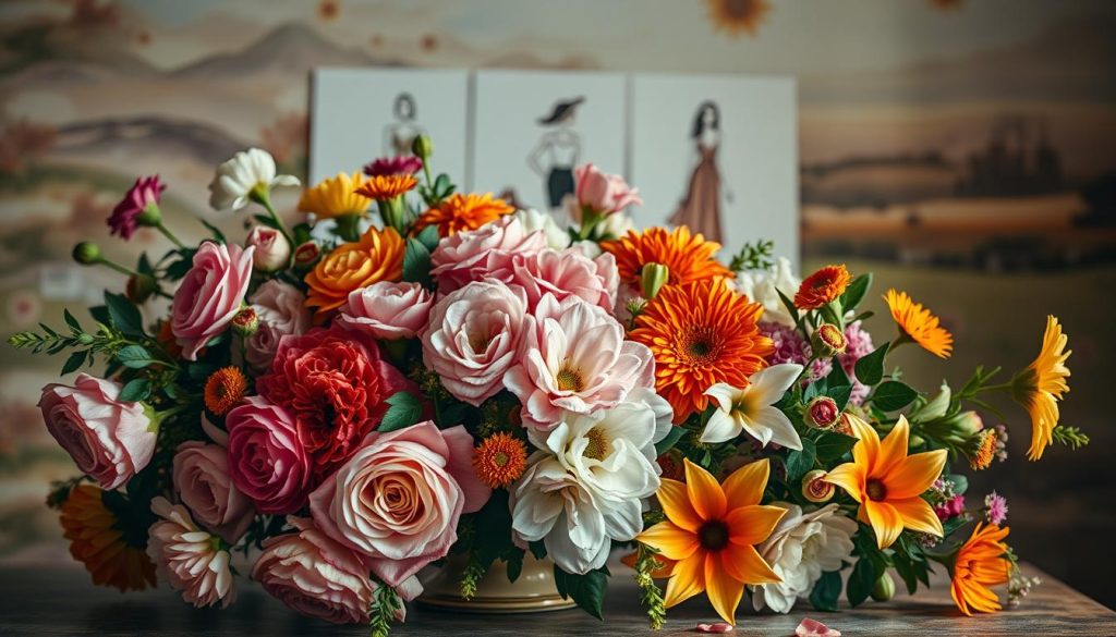A lush bouquet of vibrant seasonal flowers arranged in an artistic still life, bathed in warm, diffused lighting. In the foreground, a variety of blooms - roses, peonies, dahlias, and lilies - cascade elegantly across a vintage-style vase or table. The middle ground features stylized fashion illustrations or sketches, showcasing the floral elements integrated into high-fashion designs. In the background, a blurred, painterly landscape or abstract pattern evokes the rich, textural nature of the flowers. The overall composition conveys a sense of timeless beauty, where nature's bounty intersects with the creative realms of art and fashion.