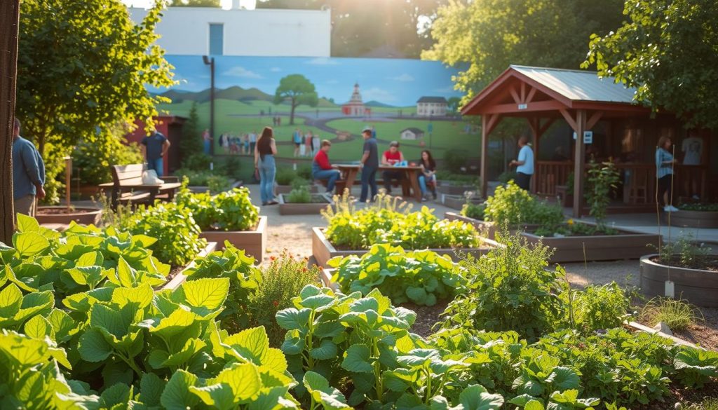 A lush, community garden thrives in the warm afternoon sun. In the foreground, a diverse array of lush vegetables and herbs grow in raised beds, tended by a group of engaged neighbors. The middle ground features a gathering area with wooden benches and a small gazebo, where locals discuss sustainable gardening techniques. In the background, a vibrant mural depicts scenes of nature and community, casting a serene ambiance over the scene. The lighting is soft and natural, conveying a sense of warmth and togetherness. An aura of collaboration and environmental stewardship permeates the space, inspiring visitors to participate in the sustainable practices of this thriving community garden.