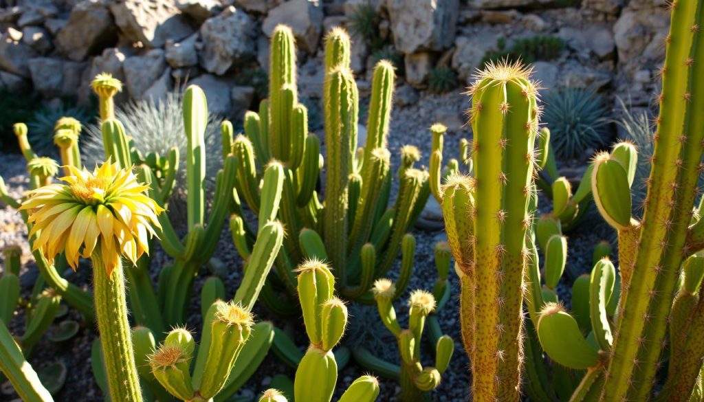 A lush desert scene, warm sun casting soft shadows across a collection of vibrant green cactus plants. In the foreground, several cactus display distinct visual cues - drooping, yellowing leaves, wilted buds, and a slightly shriveled appearance, indicating their need for water. The middle ground showcases healthy, plump cacti standing tall, their spines glistening. In the background, a rugged rocky terrain frames the scene, hinting at the harsh, arid environment. The lighting is natural, emphasizing the textures and gradients of the succulents. The overall mood is one of careful observation, inviting the viewer to closely inspect the signs of thirst in these desert dwellers.
