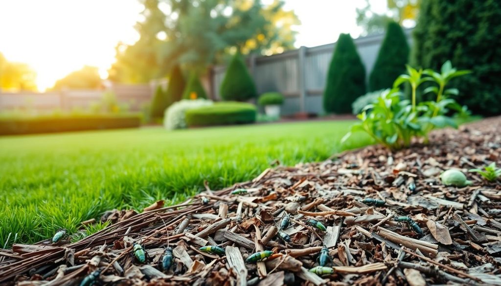 A lush garden setting, with a focus on a well-tended mulch bed. In the foreground, a diverse array of insects and beneficial organisms thrive, demonstrating the role of mulch in supporting a healthy pest management ecosystem. The middle ground showcases a variety of mulch materials, such as shredded bark, leaves, and wood chips, arranged in an aesthetically pleasing manner. In the background, a well-manicured lawn and carefully pruned shrubbery create a sense of balance and harmony. Warm, diffused lighting illuminates the scene, casting gentle shadows and highlighting the textures of the mulch and surrounding vegetation. The overall atmosphere conveys the importance of mulch in nurturing a thriving, natural pest control system within the garden.