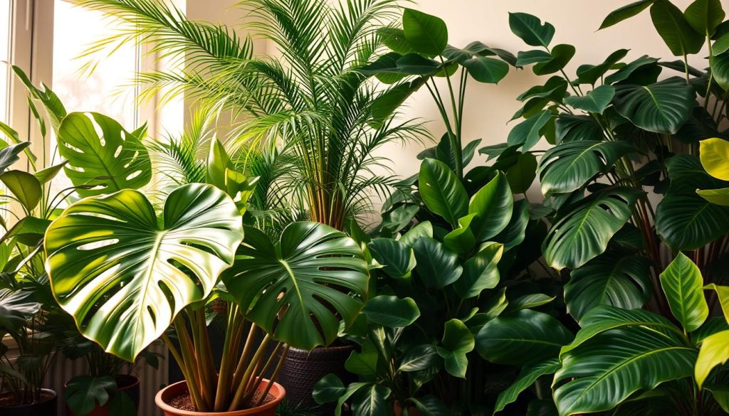 A lush indoor jungle with a variety of high-maintenance plants, each demanding meticulous care. In the foreground, a potted Monstera deliciosa with its large, split leaves catching the soft, diffused light from a nearby window. Midground, a towering Dracaena fragrans 'Massangeana' with its long, graceful fronds, and a Calathea orbifolia with vibrant, patterned foliage. In the background, a Philodendron selloum with its broad, dramatic leaves, and a Ficus lyrata 'Bambino' with its glossy, wavy leaves. The scene is bathed in warm, golden tones, creating an atmosphere of botanical challenge and triumph.