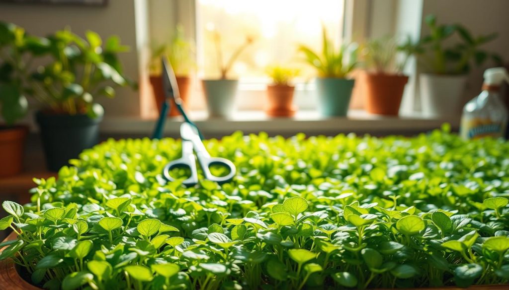 A lush, indoor microgreens garden thriving under warm, soft lighting. In the foreground, a wooden planter box showcases a variety of vibrant, densely-packed microgreens such as radish, kale, and mustard, their delicate leaves reaching towards the light. In the middle ground, a pair of gardening shears and a spray bottle hint at the nurturing care required. The background features a cozy, sun-dappled windowsill, with a few houseplants adding to the natural, homely atmosphere. The scene evokes a sense of urban sustainability and the joy of cultivating nutritious foods at home.