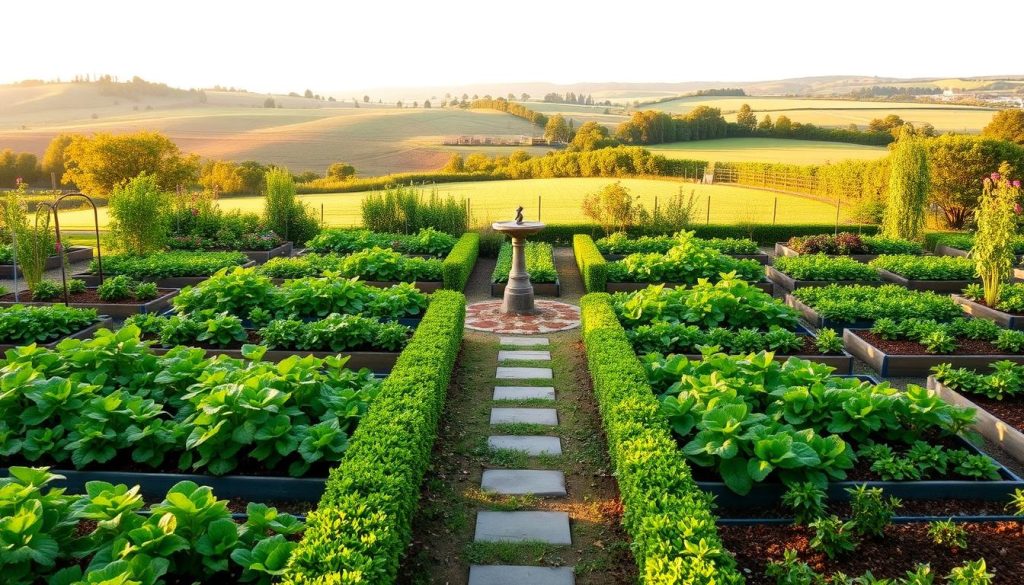A lush, meticulously designed vegetable garden layout, with raised planting beds arranged in a harmonious pattern. The beds are filled with thriving plants, their leaves and stems vibrant shades of green, peppered with the vibrant hues of ripening produce. In the foreground, a path winds through the garden, bordered by neatly trimmed hedges and dotted with decorative stepping stones. The middle ground features a central focal point, perhaps a birdbath or small garden sculpture, surrounded by complementary plantings. The background showcases a picturesque rural landscape, with rolling hills and a distant treeline bathed in warm, golden sunlight. The overall scene radiates a sense of order, productivity, and tranquility, perfectly capturing the essence of a well-planned vegetable garden.