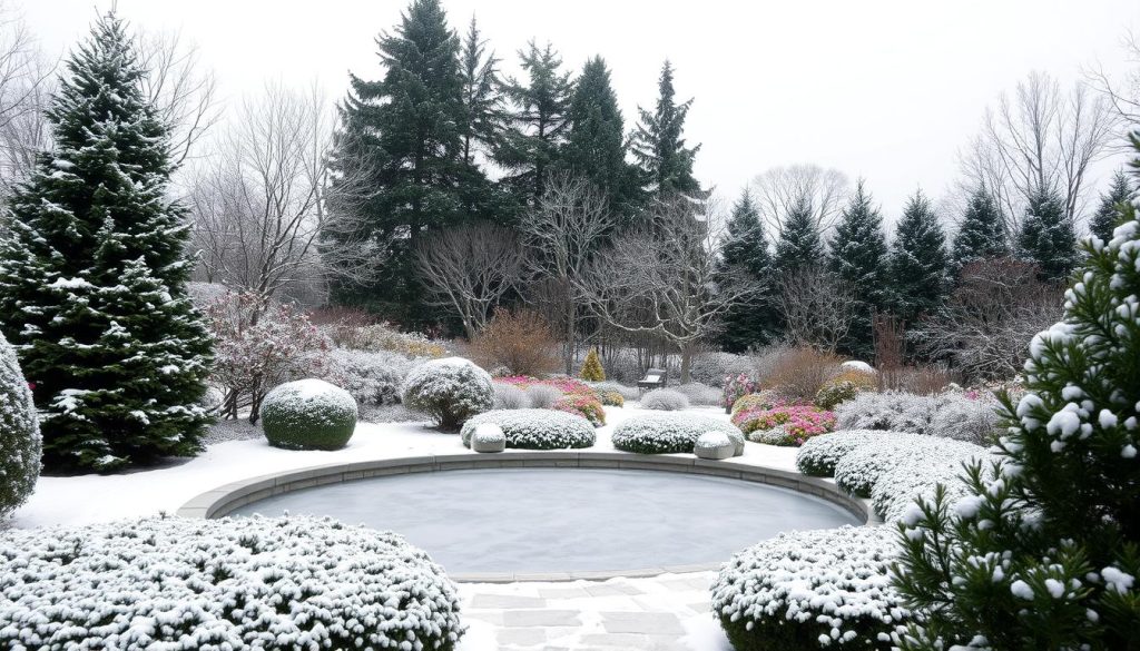 A lush, snow-covered winter garden design, with a central focal point of a frozen pond surrounded by a curved stone pathway. In the foreground, a variety of evergreen shrubs and trees create a cozy, sheltered atmosphere, their branches laden with glistening snow. The middle ground features a mix of bare deciduous trees and colorful winter-blooming perennials, their vibrant hues contrasting against the monochrome landscape. In the background, a row of towering coniferous trees forms a natural windbreak, their dark silhouettes creating a sense of depth and dimension. The scene is bathed in a soft, diffused light, creating a serene and peaceful winter wonderland.