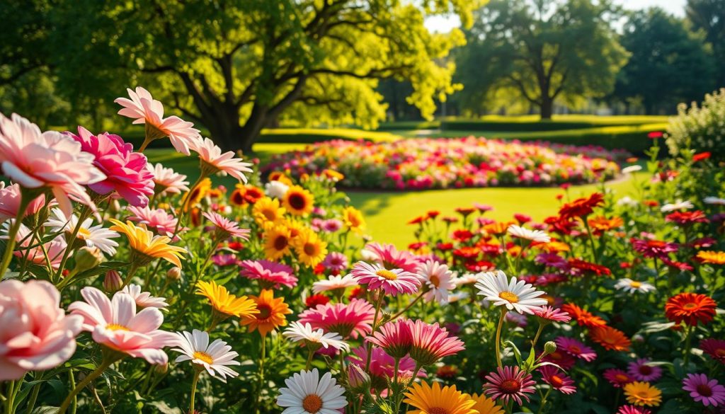 A lush, sun-drenched garden with an array of vibrant flower varieties. In the foreground, delicate petals of roses, lilies, and daisies sway gently in the warm breeze. The middle ground showcases clusters of colorful blooms, including sunflowers, peonies, and zinnias, basking in the golden rays of the sun. In the background, a verdant, well-manicured landscape frames the scene, with towering trees providing a natural canopy. The lighting is soft and diffused, creating a serene, inviting atmosphere. Captured with a wide-angle lens to encompass the breadth of the garden, this image conveys the beauty and diversity of flowers that thrive in various sun exposure levels.