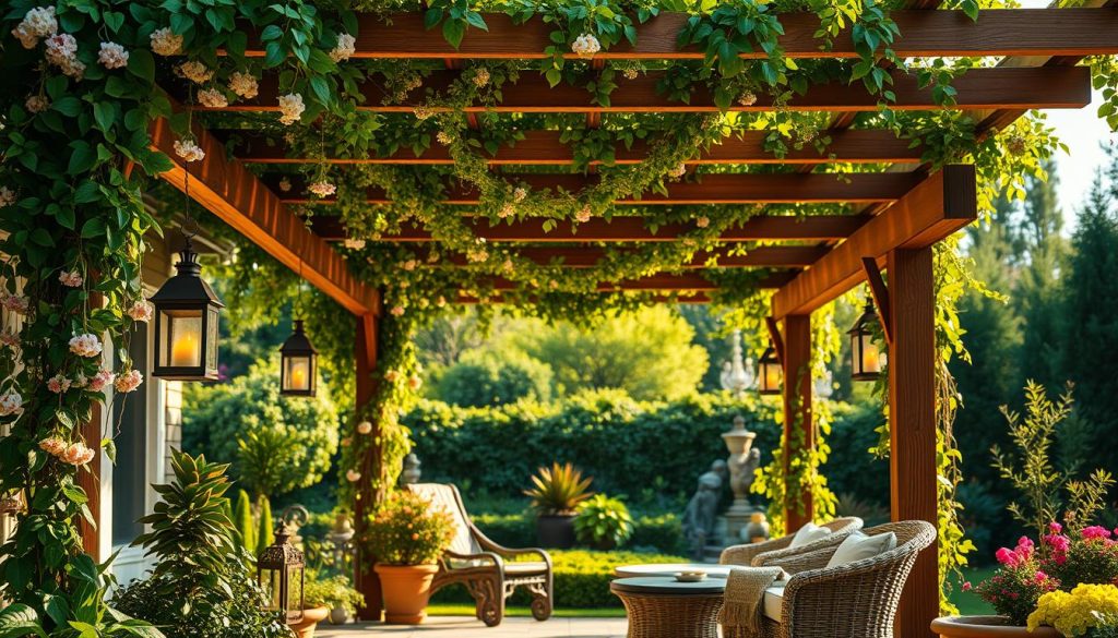 A lush, sunlit pergola adorned with cascading vines and trailing flowers, its wooden beams casting a warm, golden glow. In the foreground, potted plants and lanterns lend a cozy, inviting ambiance. The middle ground features a woven patio set, perfect for alfresco dining and relaxation. In the background, a verdant garden provides a serene, natural backdrop, its vibrant colors and textures complementing the pergola's rustic charm. The scene is illuminated by soft, natural lighting, creating a tranquil, picturesque oasis perfect for enjoying the outdoors.