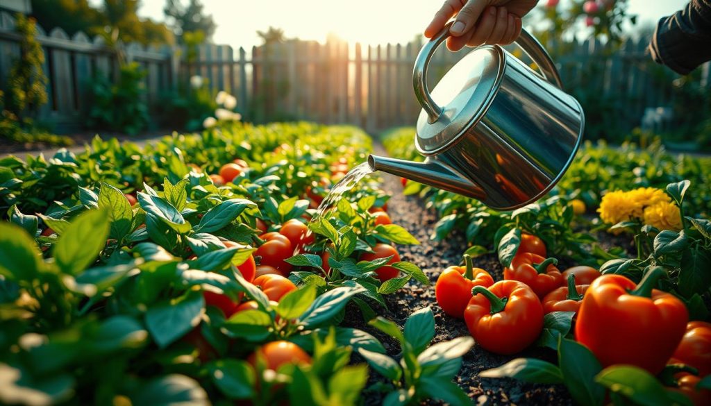 A lush vegetable garden basking in the warm afternoon sunlight, with a gardener carefully watering the plants using a metal watering can. The scene features a variety of freshly-grown vegetables, including tomatoes, leafy greens, and vibrant bell peppers, arranged in neat rows. The gardener's hands gently guide the flow of water, ensuring each plant receives the nourishment it needs. In the background, a wooden fence and a few flowering plants add to the idyllic, peaceful atmosphere. The camera angle captures the scene from a low perspective, emphasizing the abundance and vitality of the garden. Soft, diffused lighting creates a sense of tranquility, while the sharp focus draws the viewer's attention to the watering technique and the healthy, thriving vegetables.