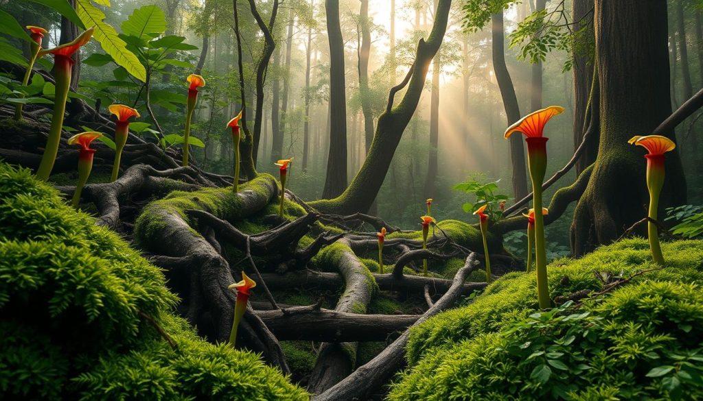 A lush, verdant Sarracenia bog habitat, with dense foliage and towering pitcher plants reaching towards the sky. The foreground is dominated by vibrant green mosses and delicate, jewel-toned Sarracenia flowers, their crimson and yellow hues complementing the surrounding greenery. In the middle ground, thick, gnarled tree roots and fallen logs create a sense of ancient, untamed wilderness. The background features a misty, atmospheric forest, with dappled sunlight filtering through the canopy, casting a warm, ethereal glow over the entire scene. The overall impression is one of a primeval, untouched ecosystem, teeming with the mysterious beauty of these remarkable carnivorous plants.