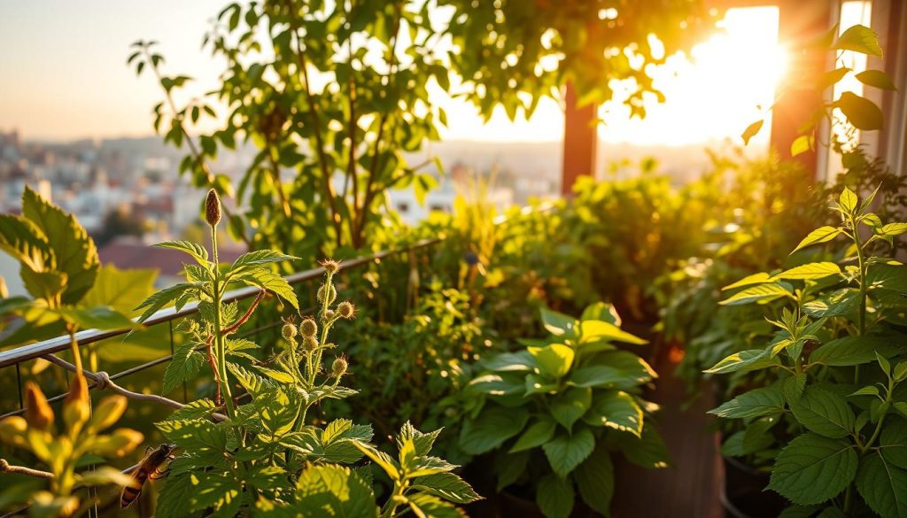 A lush, verdant balcony garden bathed in warm, natural light. In the foreground, a variety of organic pest control methods are artfully displayed - companion plants, natural insecticides, and beneficial insects. The middle ground showcases thriving plants, their leaves gently swaying in a soft breeze. In the background, a distant cityscape provides a subtle urban contrast. The scene evokes a sense of harmony and balance, highlighting the synergy between nature and sustainable gardening practices. Shot with a wide-angle lens to capture the full scope of the balcony oasis, the image conveys a tranquil, inviting atmosphere.