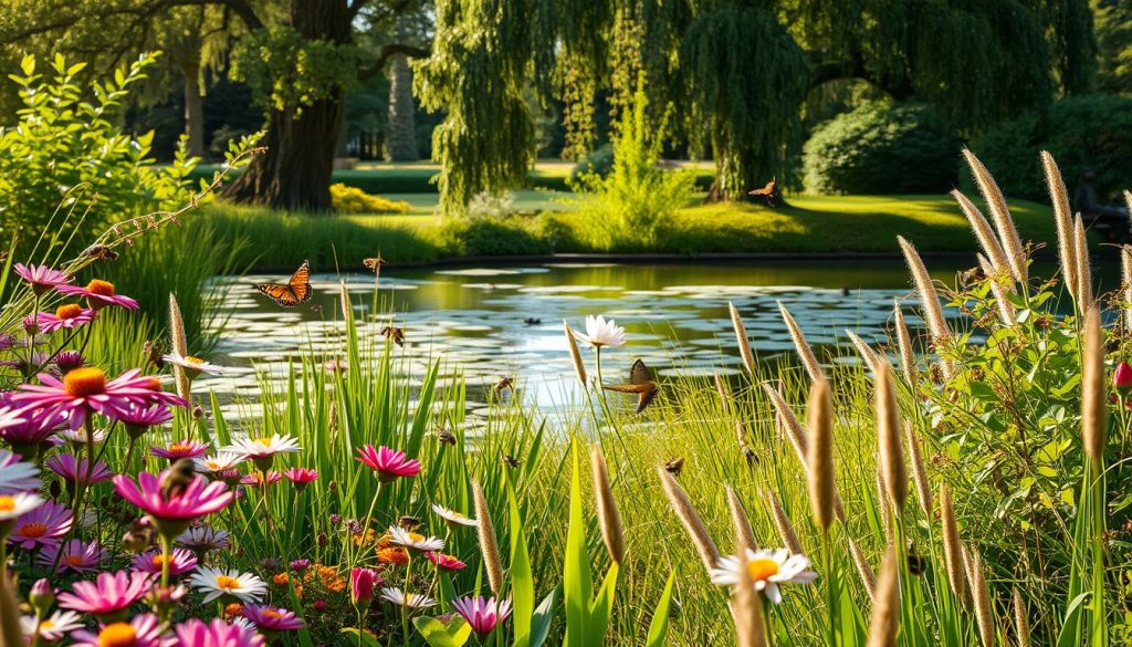 A lush, verdant garden teeming with diverse wildlife. In the foreground, vibrant blooms and tall grasses sway gently in the soft, natural light. Bees and butterflies flutter around the nectar-rich flowers, while birds flit between the branches of the mature trees in the middle ground. In the background, a tranquil pond reflects the serene scene, its surface dotted with water lilies. The entire landscape is bathed in a warm, golden glow, creating a calming, harmonious atmosphere that invites the viewer to linger and appreciate the beauty of this wildlife-friendly oasis.