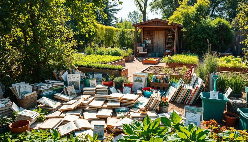 A lush, verdant garden with a vibrant array of sustainable gardening resources in the foreground. In the middle ground, a sprawling compilation of books, seed packets, gardening tools, and compost bins, all emblematic of eco-friendly practices. The background features a sun-dappled outdoor classroom setting, with a rustic wooden shed and thriving vegetable beds. The lighting is warm and natural, with soft shadows casting a serene atmosphere. The scene is photographed with a wide-angle lens, capturing the depth and breadth of the educational and practical elements of sustainable gardening.