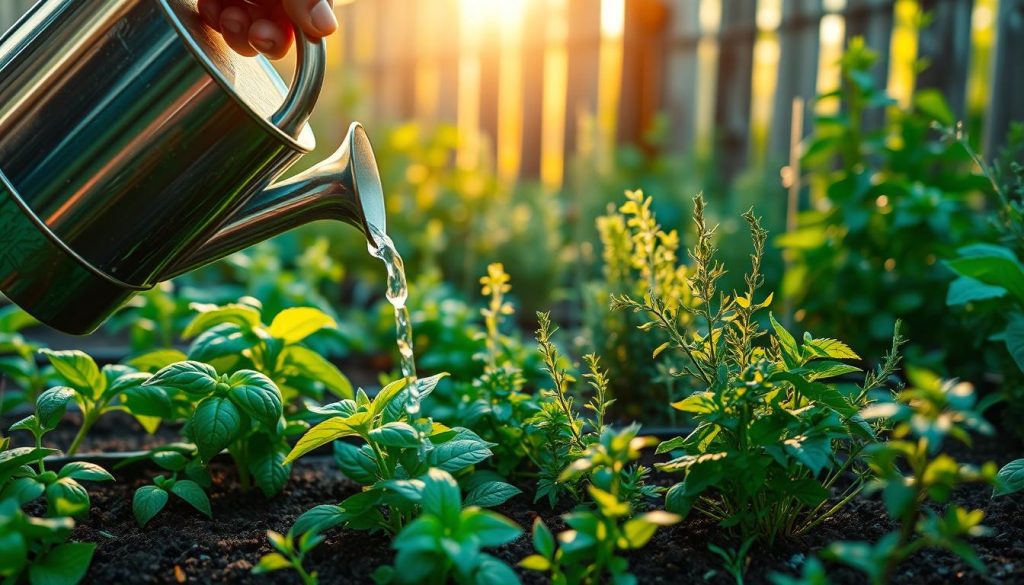 A lush, verdant herb garden bathed in soft, warm morning light. In the foreground, a gardener's hand gently holds a watering can, pouring a gentle stream of water onto the soil around the thriving basil, rosemary, and thyme plants. The middle ground showcases the vibrant, aromatic herbs in various stages of growth, their leaves glistening with moisture. In the background, a rustic wooden fence frames the scene, hinting at a tranquil, secluded outdoor space. The overall mood is one of nurturing care, tranquility, and the celebration of nature's bounty.