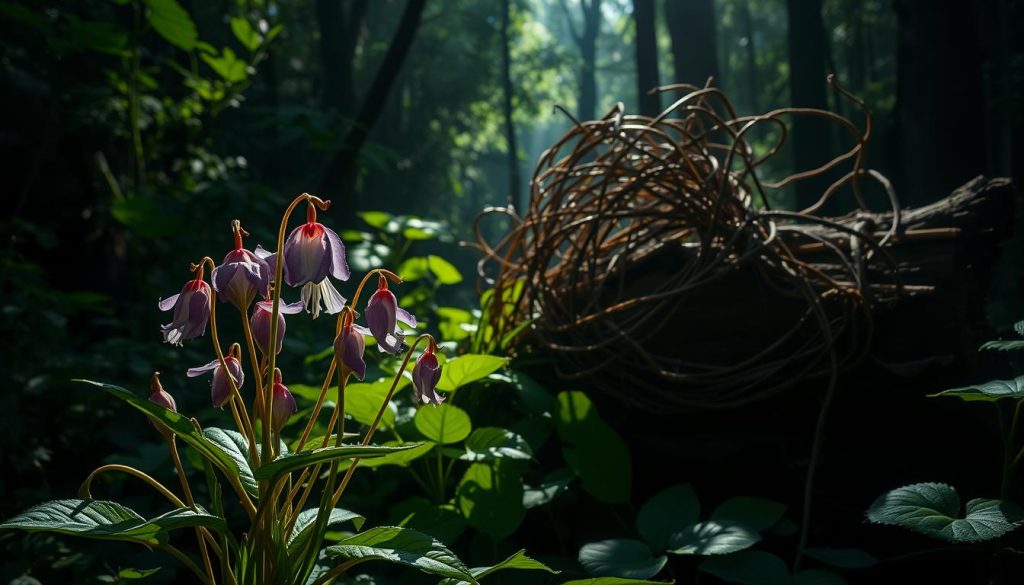 A lush, verdant scene depicting the common myths surrounding the captivating butterwort, a carnivorous plant. In the foreground, a cluster of delicate, purple-hued flowers with glistening, sticky leaves trap unsuspecting insects, defying the misconception of their harmlessness. In the middle ground, an intricate network of slender, twisted stems twines around a weathered log, hinting at the plant's resilience. The background features a dim, moody forest setting with dappled sunlight filtering through the canopy, creating an air of mystery and the supernatural. Dramatic chiaroscuro lighting casts dramatic shadows, evoking the apocryphal tales of the butterwort's carnivorous nature. Rendered in a painterly, hyperrealistic style to heighten the sense of wonder and the myths surrounding this captivating plant.