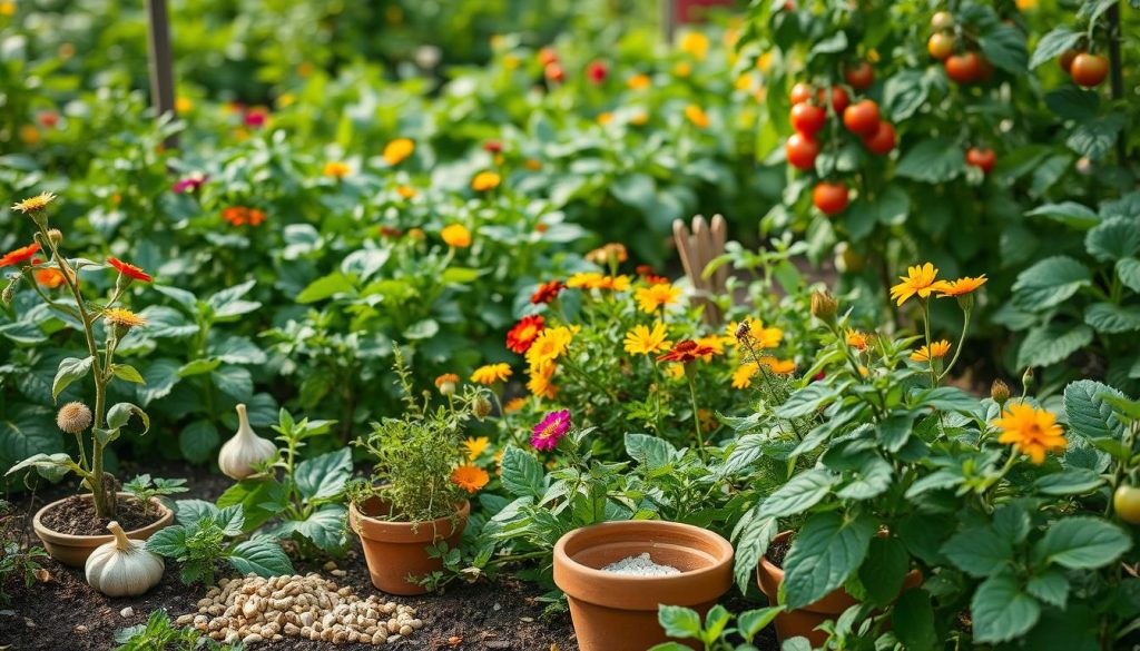 A lush, verdant vegetable garden with organic pest control measures in place. In the foreground, a range of natural repellents and insect traps - crushed garlic, essential oils, and homemade concoctions in terracotta pots. Midground, companion plants like marigolds and nasturtiums deter pests and attract beneficial insects. In the background, a thriving plot of leafy greens, vine-ripened tomatoes, and other bountiful produce. Diffused natural lighting filters through, casting a warm, earthy tone. The scene exudes a sense of balance, harmony, and sustainable abundance.