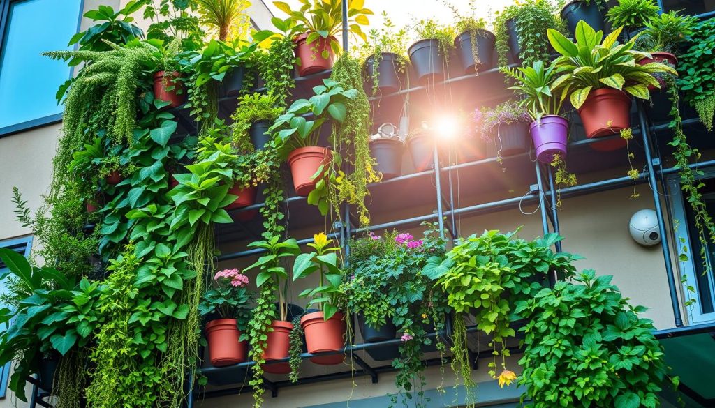 A lush, vertical garden showcasing diverse foliage and greenery cascading down a modern, minimalist balcony. Sunlight filters through the verdant plants, casting a warm, natural glow. Meticulously arranged pots, planters, and hanging baskets create a layered, three-dimensional display. An array of leafy greens, vibrant flowers, and trailing vines adorn the structured, wall-mounted frame, blending seamlessly with the urban backdrop. The scene conveys a sense of tranquility and urban oasis, inviting the viewer to immerse themselves in the beauty of compact, space-saving vertical gardening techniques.
