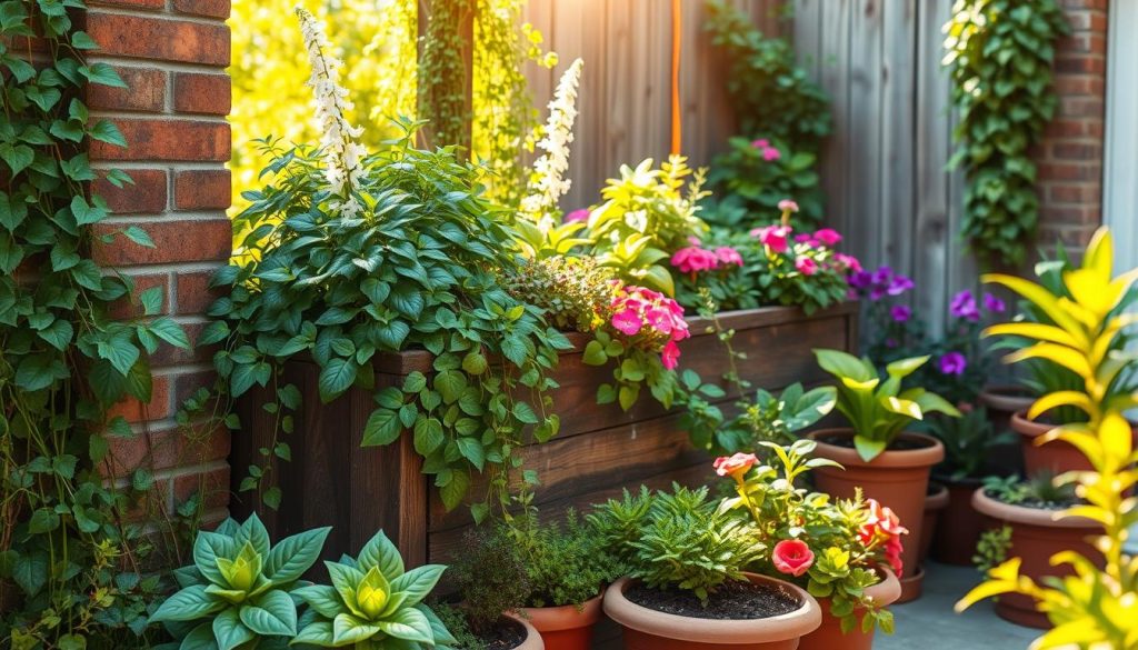 A lush, vibrant container garden nestled in a cozy urban setting. In the foreground, a diverse array of thriving potted plants - trailing vines, leafy greens, cascading flowers in vivid hues. The mid-ground features a rustic wooden planter box overflowing with an abundance of greenery. In the background, a charming brick wall or weathered wooden fence provides a natural backdrop, softly lit by warm, golden sunlight filtering through. The overall scene radiates a sense of tranquility and creative flair, inviting the viewer to imagine the possibilities of cultivating a thriving oasis, even in the tightest of spaces.