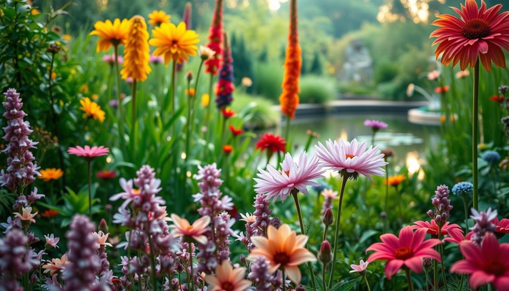 A lush, vibrant garden showcasing an array of unique flower varieties. In the foreground, delicate petals in hues of lavender, fuchsia, and peach unfurl, creating a captivating tapestry. The middle ground features towering blooms in vibrant shades of yellow, crimson, and indigo, their stems reaching towards a warm, golden-hued sky. In the background, a serene pond reflects the verdant foliage and captivating blossoms, creating a sense of tranquility and harmony. Soft, diffused lighting filters through the scene, casting a romantic, ethereal glow. The overall composition evokes a sense of wonder and appreciation for the diverse beauty of nature's finest creations.
