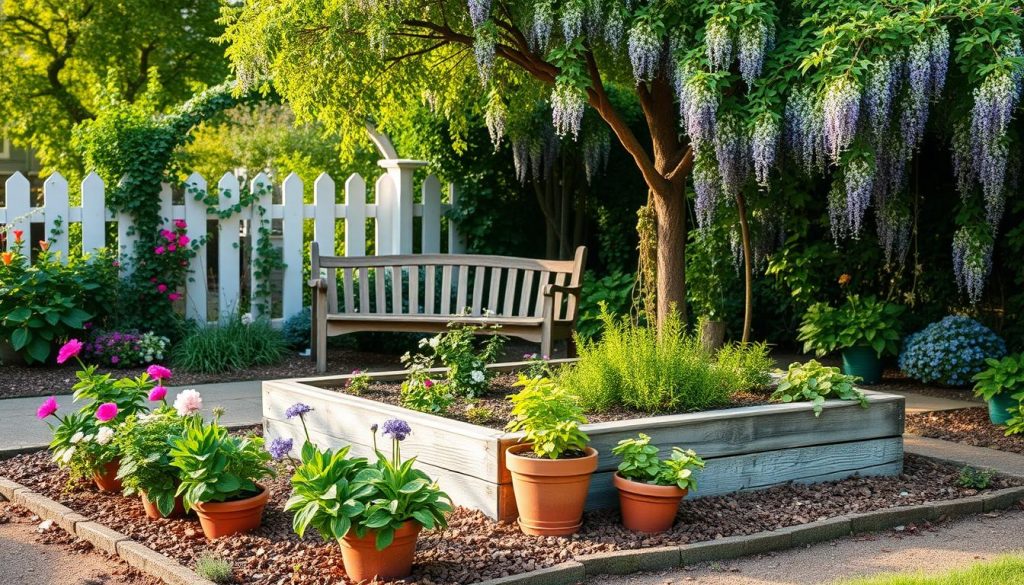 A lush, vibrant small garden in springtime. A central raised garden bed filled with a variety of blooming flowers and herbs, surrounded by neatly mulched pathways. In the foreground, terra cotta pots overflowing with cascading vines. In the middleground, a weathered wooden garden bench nestled beneath a budding tree. The background features a charming white picket fence with an arched trellis, draped in fragrant wisteria. Soft, warm natural lighting filters through the greenery, casting gentle shadows. An inviting, serene atmosphere that captures the essence of a thriving seasonal small garden.