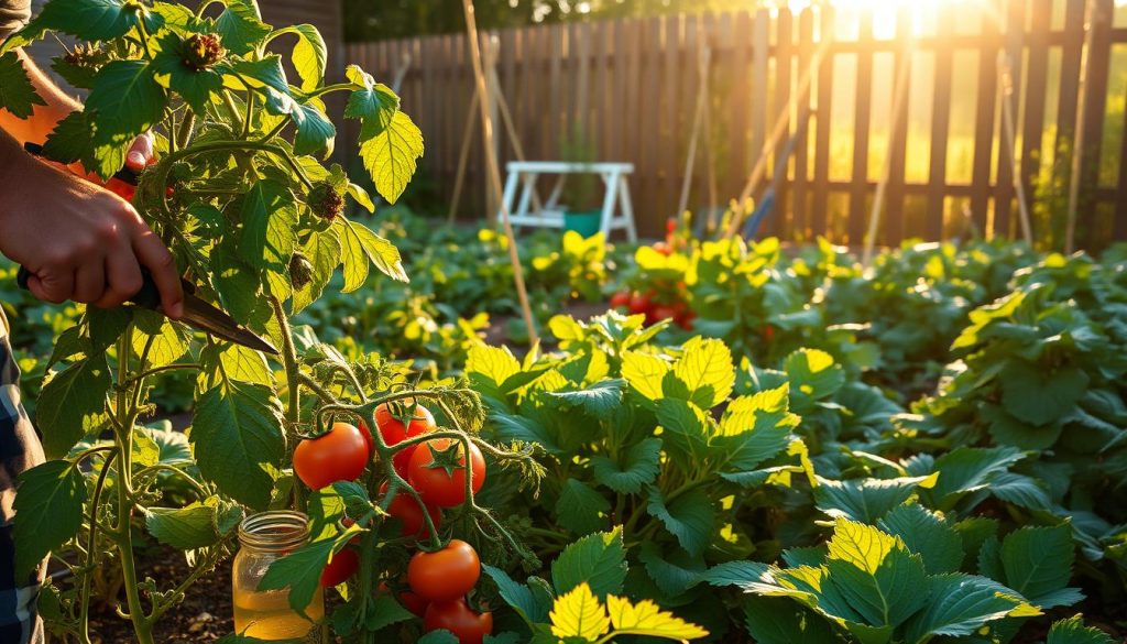 A lush, well-maintained vegetable garden bathed in warm, golden afternoon sunlight. In the foreground, a gardener carefully trims overgrown leaves and stems, ensuring optimal airflow and sunlight exposure for the thriving plants. The middle ground features a variety of vibrant, healthy vegetable plants - tomatoes, zucchini, leafy greens - with their rich, varied colors and textures. In the background, a wooden fence and a few scattered tools suggest a sense of order and purposeful cultivation. The composition conveys a tranquil, productive atmosphere, highlighting the importance of attentive, ongoing maintenance for a bountiful vegetable garden.