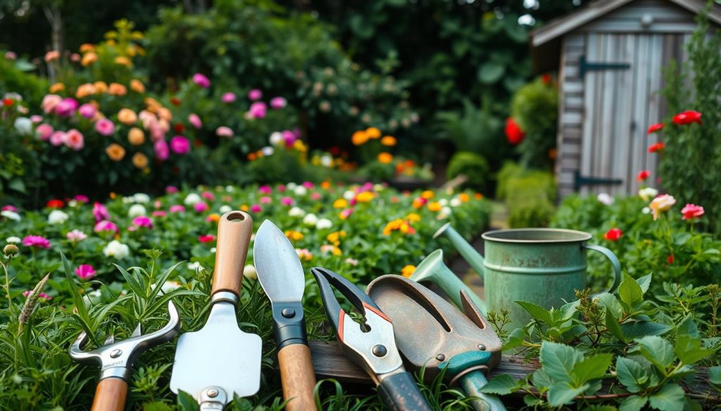 A lush, well-tended garden with a variety of tools neatly arranged in the foreground. The tools include a hand trowel, pruning shears, a garden hoe, and a watering can, all with a polished, utilitarian appearance. In the middle ground, rows of blooming flowers and verdant foliage create a vibrant tapestry of color. The background showcases a quaint, rustic shed, its weathered wooden exterior complementing the natural setting. Soft, diffused lighting bathes the scene, evoking a sense of tranquility and the serene rhythm of gardening. The composition emphasizes the relationship between the garden's scale, the tools required to maintain it, and the harmony of human and natural elements.