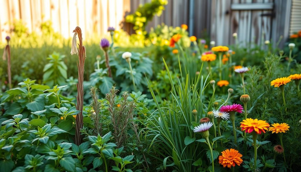 A lush, well-tended herb garden in soft, natural daylight. The foreground showcases a variety of thriving herbs - aromatic basil, lush rosemary, and vibrant chives - arranged in an orderly, companion-planted design. The middle ground reveals interplanted greens and flowers - curly parsley, delicate borage, and cheerful marigolds - that enhance the garden's biodiversity and visual appeal. The background features a rustic wooden fence, with a glimpse of a weathered garden shed, all bathed in a warm, golden glow that creates a serene, inviting atmosphere.