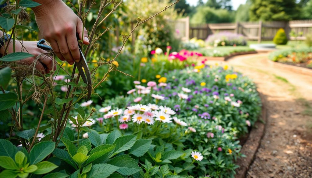 A lush, well-tended perennial garden in soft, natural light. In the foreground, a gardener's hands carefully prune overgrown stems, revealing vibrant new growth. The middle ground features a variety of perennials - lush foliage, blooming flowers in hues of pink, purple, and yellow. A winding garden path leads the eye to the background, where a wooden fence and a few trees create a sense of depth and tranquility. The overall atmosphere is one of peaceful productivity, with the gardener's attentive care nurturing the plants' health and vitality.