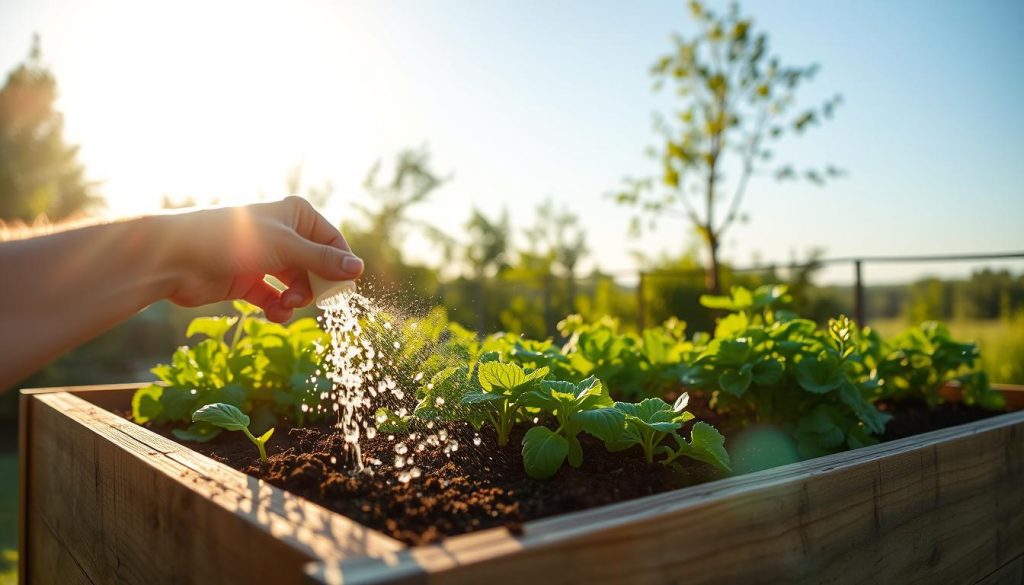 A lush, well-tended raised garden bed under the warm glow of a late afternoon sun. In the foreground, a gardener's hand delicately waters the soil, ensuring even distribution. The middle ground showcases a variety of healthy, vibrant vegetables and herbs thriving in the raised bed's nutrient-rich environment. Wooden planks line the perimeter, creating a sturdy, elevated structure. The background depicts a tranquil, natural setting, with verdant foliage and a clear, azure sky. The scene radiates a sense of serenity and abundance, capturing the essence of effective raised bed watering techniques.