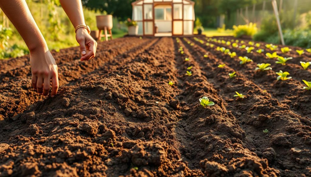 A lush, well-tilled vegetable garden plot, meticulously prepared for planting. In the foreground, a gardener's hands methodically turning the rich, dark soil, breaking up clumps and incorporating organic matter. Mid-frame, rows of neatly tilled furrows stretch out, ready to receive seedlings. In the background, a shed or greenhouse stands, casting warm, golden light across the scene. The atmosphere is one of calm, focused preparation, the gardener attuned to the rhythmic task of coaxing the earth to yield its bounty.