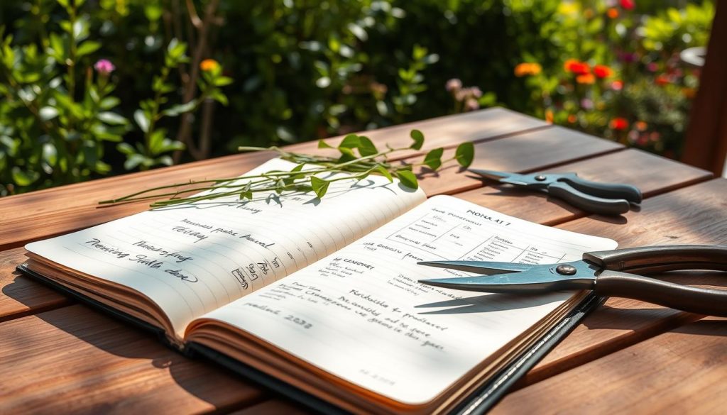 A meticulously organized garden journal and pruning schedule laid out on a sun-dappled wooden table. In the foreground, a well-worn notebook with detailed sketches and notes on seasonal pruning tasks. Beside it, a pair of sharp pruning shears, their blades gleaming in the soft natural light. In the middle ground, sprigs of freshly snipped greenery, their vibrant hues a testament to the care and attention given to the plants. The background is a lush, verdant garden, hinting at the flourishing growth that results from this diligent record-keeping and maintenance. A sense of tranquility and accomplishment permeates the scene, capturing the essence of making pruning a thoughtful, routine practice.