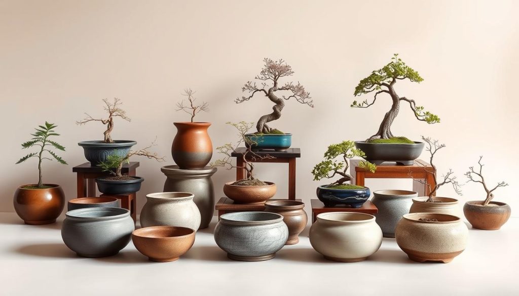 A neatly arranged display of various bonsai pots against a soft, neutral backdrop. The pots are showcased in their natural state, allowing their unique shapes, textures, and glazes to take center stage. The lighting is gentle and diffused, creating subtle shadows that highlight the intricate details of each pot. The composition is balanced, with the pots positioned in a visually pleasing manner, inviting the viewer to closely examine and appreciate the diverse styles. The overall mood is one of tranquility and refined elegance, reflecting the essence of the bonsai art form.