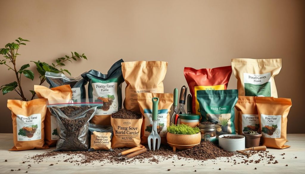 A neatly arranged still life displaying a variety of potting mixes, soil amendments, and gardening tools against a soft, natural backdrop. In the foreground, an assortment of bags, boxes, and containers showcasing different soil types, composts, and fertilizers. In the middle ground, precision gardening tools such as trowels, pruners, and hand cultivators are positioned purposefully. The background features a minimalist, earthy-toned setting with hints of greenery, conveying a sense of tranquility and care. Warm, diffused lighting illuminates the scene, emphasizing the textures and colors of the gardening essentials. The overall composition exudes a sense of order, efficiency, and dedication to nurturing plants in an urban environment.